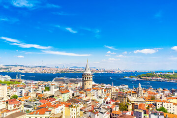 Aerial drone view of Galata Tower in Istanbul, Turkey. Summer sunny day