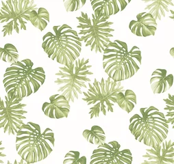Zelfklevend behang Tropische planten Naadloze patroon met tropische planten. Gebladerte achtergrond. Palmbladeren in realistische stijl. Botanische vectorillustratie. Hawaiiaans zomerontwerp.