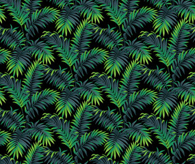 Seamless pattern with tropical plants. Foliage background. Palm leaves in realistic style. Vector botanical illustration. Hawaiian summer design.