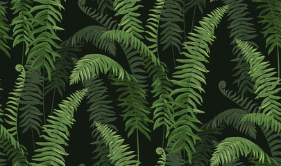 Vintage seamless pattern with tropical plants. Jungle fern. Leaves in realistic style. Vector botanical illustration. Hawaiian foliage design.