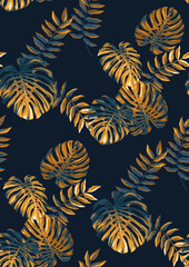 Seamless pattern with tropical plants. Foliage background. Palm leaves in realistic style. Vector botanical illustration. Hawaiian summer design.