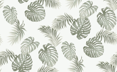 Seamless pattern with tropical plants. Foliage background. Palm leaves in realistic style. Vector botanical illustration. Hawaiian summer design.