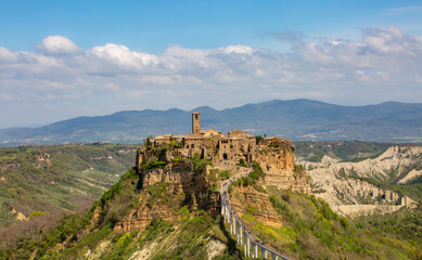 Panoramic aerial view of Civita di Bagnoregio with a view of the Calanchi Valley, Lazio, Bagnoregio, province of Viterbo.The most beautiful villages in Italy.The dying city