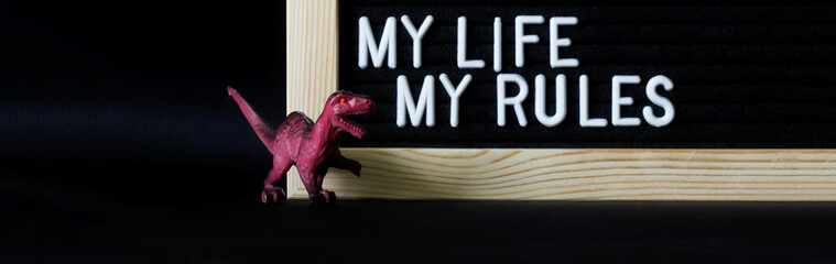 Toy dinosaur near a felt board with the inscription: My life my rules. Black background. A possible...