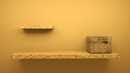 A beautiful 3d illustration with a wooden shelf attached to the wall.