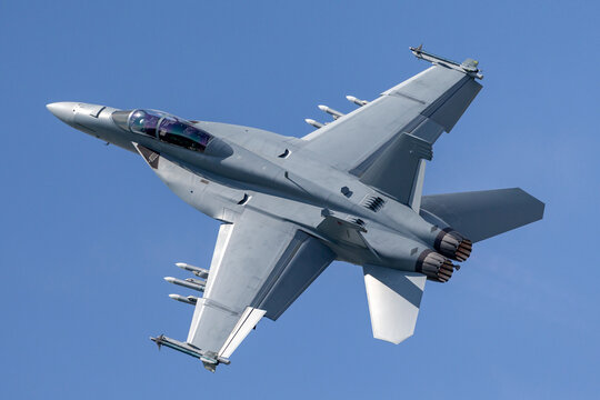 Farnborough, UK - July 20, 2014: United States Navy Boeing F/A-18F Super Hornet multirole fighter aircraft..