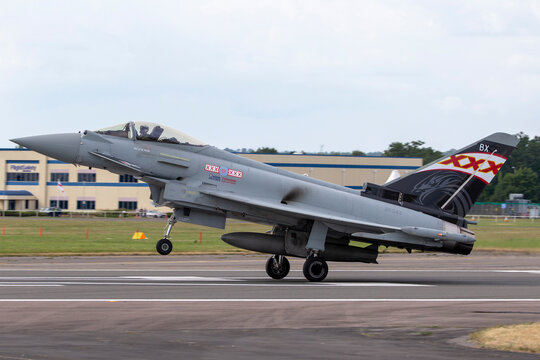 Farnborough, UK - July 21, 2014:  .Royal Air Force (RAF) Eurofighter EF-2000 Typhoon FGR4 ZK308 from No.29(R) Squadron based at RAF Coningsby.