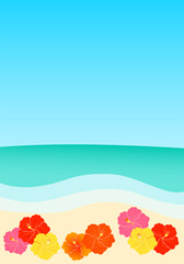 青空のビーチとハイビスカスの花のイラスト