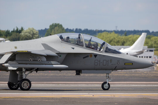 Farnborough, UK - July 16, 2014: Italian Air Force (Aeronautica Militare Italiana) Aermacchi T-346 Jet training aircraft.