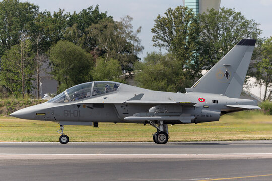 Farnborough, UK - July 16, 2014: Italian Air Force (Aeronautica Militare Italiana) Aermacchi T-346 Jet training aircraft.