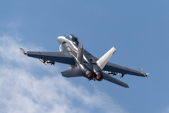 Farnborough, UK - July 16, 2014: United States Navy Boeing F/A-18F Super Hornet multirole fighter aircraft..