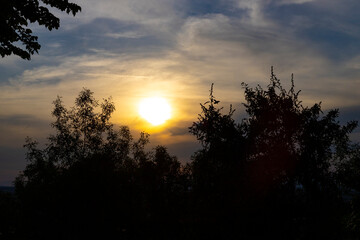 Sunset. Sunset with high clouds leaving the sky orange and blue. Backlight of the leaves and branches of the trees in a park in Madrid, in Spain. Europe. Horizontal photography.