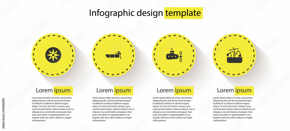 Sticker Set Wind rose, Inflatable boat with motor, Submarine and Sinking cruise ship. Business infographic template. Vector