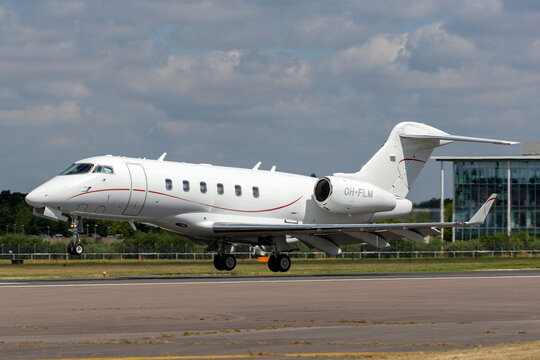 Farnborough, UK - July 17, 2014: Bombardier Challenger 300 (BD-100-1A10) Corporate jet aircraft OH-FLM.
