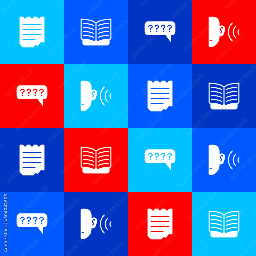 Poster set notebook, open, speech bubbles with question and ear listen sound signal icon. vector