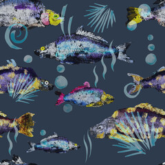 watercolor ink carp fish pattern seamless print bright blue underwater on dark blue background
