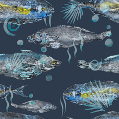 different gray fish tuna pattern watercolor ink bright seamless on dark blue background