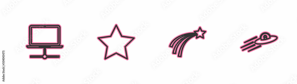 Poster set line computer network, falling star, star and ufo flying spaceship and alien icon. vector