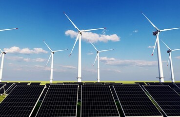 Panoramic view of wind farm or wind park, with high wind turbines for generation electricity with copy space. green energy concept. 3d rendering.
