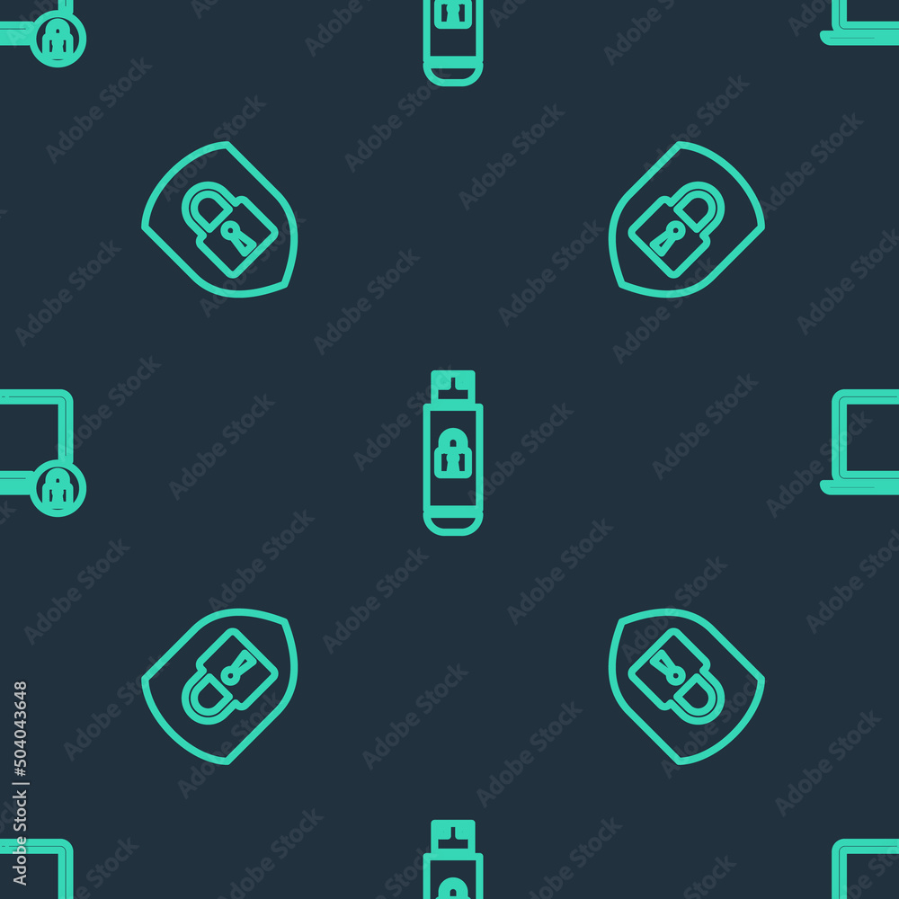 Poster Set line USB flash drive with lock, Shield security and Laptop and on seamless pattern. Vector