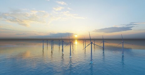 7680x4320 8K Ultra Hd. Offshore wind turbines farm on the ocean. Sustainable energy production, clean power, windmill. 3D Rendering.