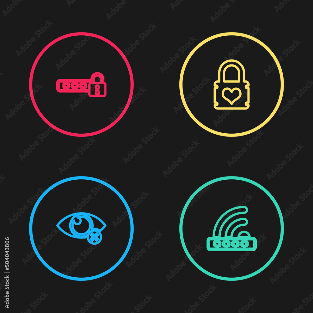 Poster set line invisible or hide, wifi locked, padlock with heart and password protection icon. vector