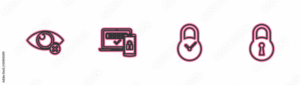 Aufkleber set line invisible or hide, padlock with clock, two steps authentication and lock icon. vector