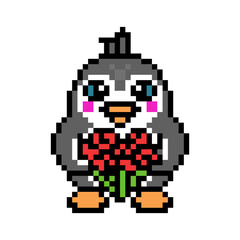 Penguin with a big bouquet of red roses, cute cartoon pixel art animal character isolated on white background. Romantic gift.Old school retro 80s, 90s 8 bit slot machine, computer, video game graphics