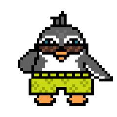 Fototapeta premium Penguin in sunglasses and shorts on a summer vacation, cartoon pixel art animal character isolated on white background. Old school retro 80s, 90s 8 bit slot machine, computer, video game graphics.