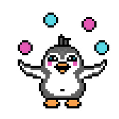 Obraz premium Juggler penguin with balls, cute pixel art animal character isolated on white background. Old school retro 80s, 90s 8 bit slot machine, computer, video game graphics. Cartoon circus performer mascot.