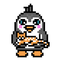 Obraz premium Penguin pet owner holding a cat, cute pixel art animal character isolated on white background. Old school retro 80s, 90s 8 bit slot machine, computer, video game graphics. Cartoon mascot.