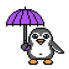 Obraz premium Penguin with a purple umbrella, cute pixel art animal character isolated on white background. Old school retro 80s, 90s 8 bit slot machine, video game graphics. Rainy autumn weather walk mascot.