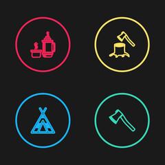 Set line Tourist tent, Wooden axe, in stump and Thermos container icon. Vector
