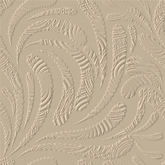 Textured emboss floral Paisley 3d seamless pattern. Surface ornamental embossed vector background. Repeat relief ethnic style beige backdrop. Paisley flowers grunge ornaments with embossing effect