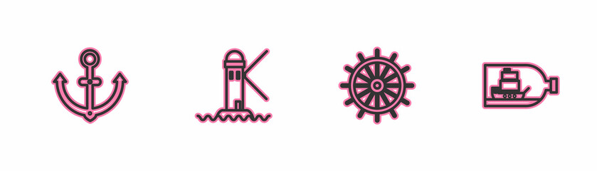 Set line Anchor, Ship steering wheel, Lighthouse and Bottle with ship inside icon. Vector