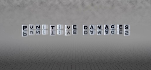 punitive damages word or concept represented by black and white letter cubes on a grey horizon background stretching to infinity