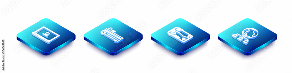Poster set isometric line laptop, video game console, mobile and playing in and computer network icon. vect