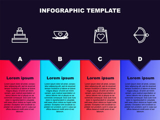 Set line Wedding cake with heart, Coffee cup and, Shopping bag and Bow arrow. Business infographic template. Vector