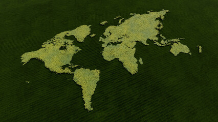 Map world from leaves on grass background. 3D rendering