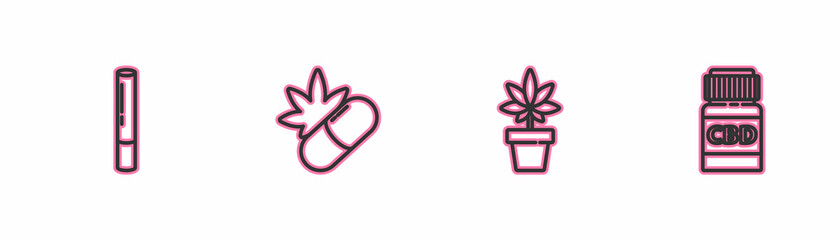 Set line Marijuana joint, or cannabis plant, Medical pills with marijuana and bottle icon. Vector