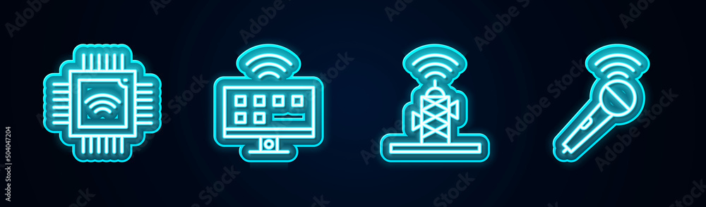 Poster set line processor with microcircuits cpu, smart tv system, wireless antenna and microphone. glowing