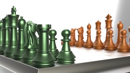 Metallic green-orange chess figures on a board under flare background. Chess board game concept of business ideas and competition and strategy ideas concept. 3D illustration under selective focus.