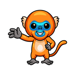 Cute little golden monkey cartoon waving hand