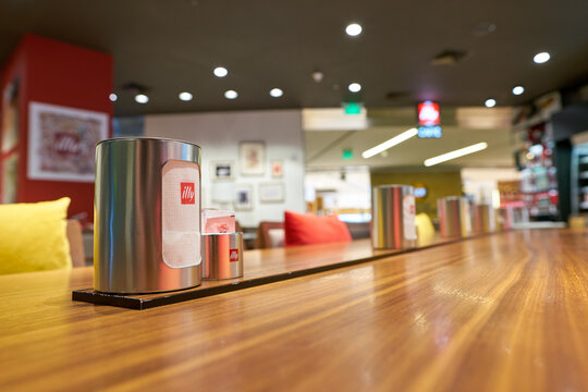 DOHA, QATAR - CIRCA MAY, 2017: illy at Hamad International Airport. Illycaffe, branded as illy, is an Italian coffee roasting company that specializes in the production of espresso.