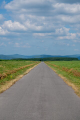 Fototapeta na wymiar 緑の草原を通る真っ直ぐな道路 