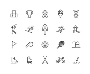 Collection of sprots linear icons. Set of people, pictogram, medal, sport, trophy symbols drawn with thin contour lines. Vector illustration.