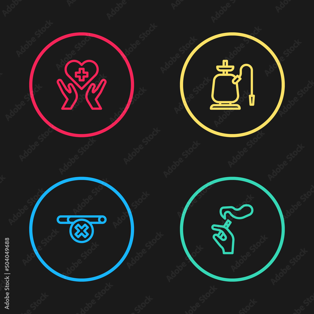 Sticker Set line No smoking, Hand with cigarette, Hookah and Heart cross icon. Vector