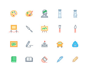 Collection of Art class and drawing color icons. Set of brush, paint symbols drawn with thin contour lines. Vector illustration.