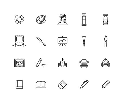 Collection of Art class and drawing linear icons. Set of brush, paint symbols drawn with thin contour lines. Vector illustration.