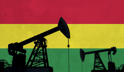 Oil and gas industry background. Oil pump silhouette against a bolivia flag. 3D Rendering - obrazy, fototapety, plakaty